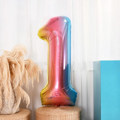 Balon din Folie Metalizata Gradient, Figurina Cifra, Tema Aniversare 100 cm, Ambalaj Individual, Pai inclus, Umflare cu Aer sau Heliu, Multicolor, Cifra 1