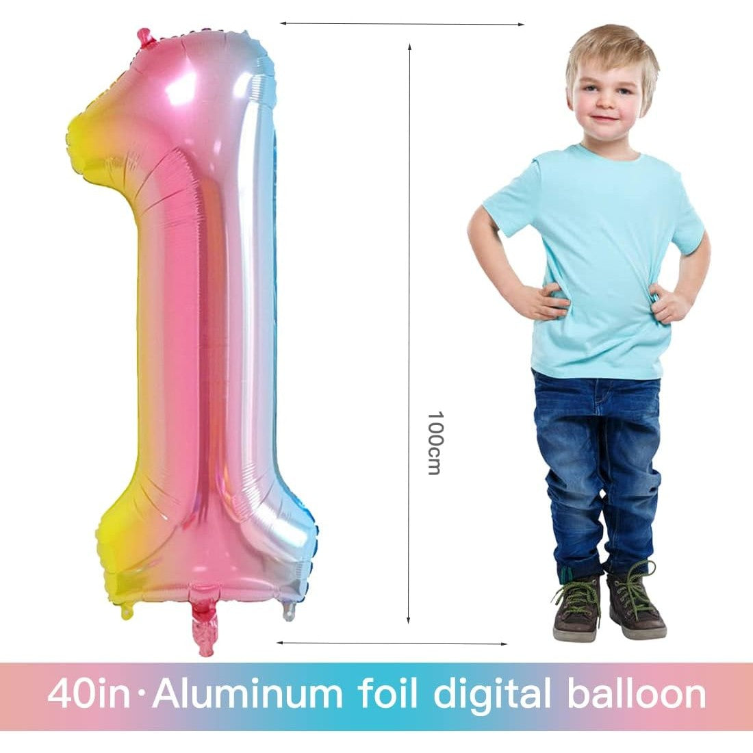Balon din Folie Metalizata Gradient, Figurina Cifra, Tema Aniversare 100 cm, Ambalaj Individual, Pai inclus, Umflare cu Aer sau Heliu, Multicolor, Cifra 1