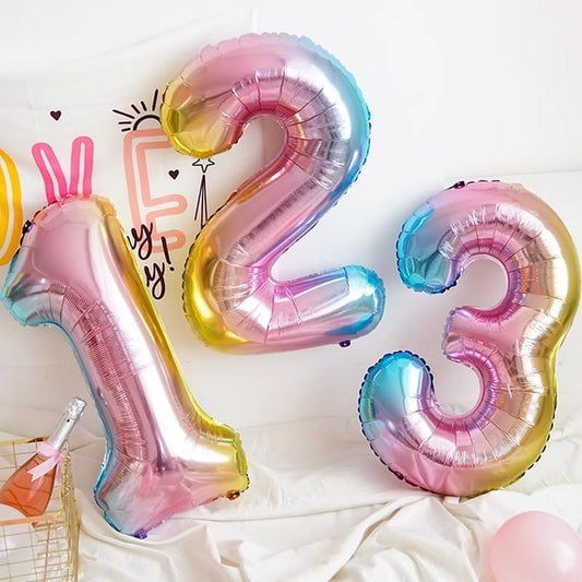 Balon din Folie Metalizata Gradient, Figurina Cifra, Tema Aniversare 100 cm, Ambalaj Individual, Pai inclus, Umflare cu Aer sau Heliu, Multicolor, Cifra 2