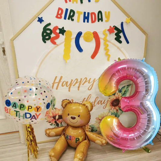 Balon din Folie Metalizata Gradient, Figurina Cifra, Tema Aniversare 100 cm, Ambalaj Individual, Pai inclus, Umflare cu Aer sau Heliu, Multicolor, Cifra 3