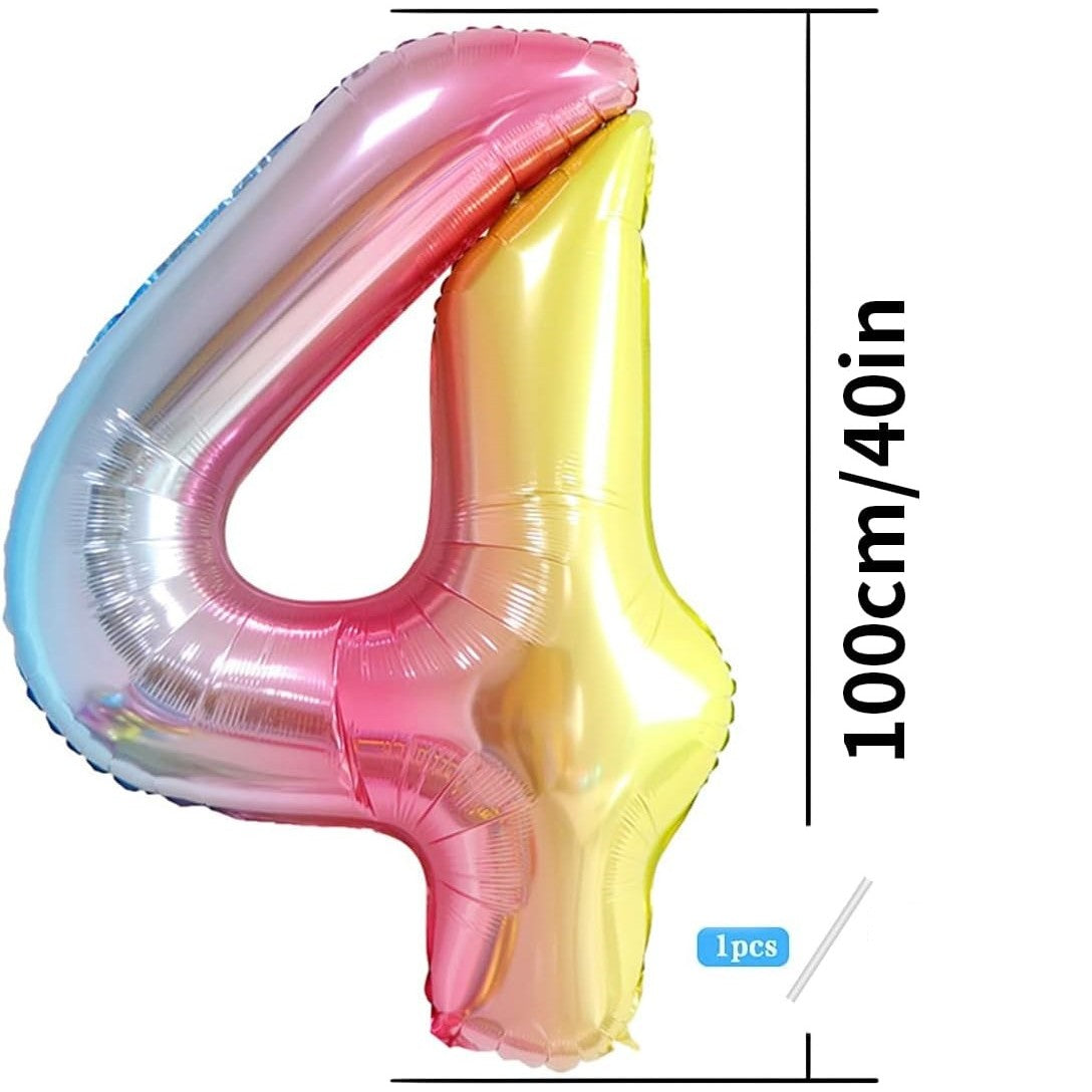 Balon din Folie Metalizata Gradient, Figurina Cifra, Tema Aniversare 100 cm, Ambalaj Individual, Pai inclus, Umflare cu Aer sau Heliu, Multicolor, Cifra 4