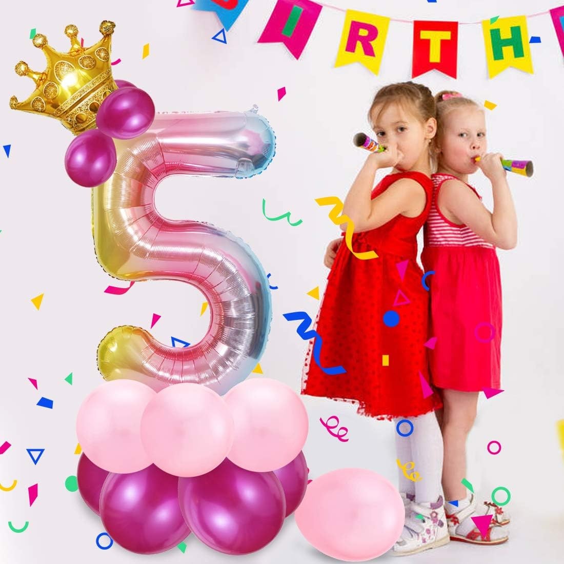 Balon din Folie Metalizata Gradient, Figurina Cifra, Tema Aniversare 100 cm, Ambalaj Individual, Pai inclus, Umflare cu Aer sau Heliu, Multicolor, Cifra 5