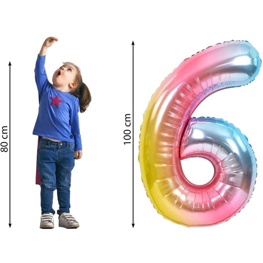Balon din Folie Metalizata Gradient, Figurina Cifra, Tema Aniversare 100 cm, Ambalaj Individual, Pai inclus, Umflare cu Aer sau Heliu, Multicolor, Cifra 6