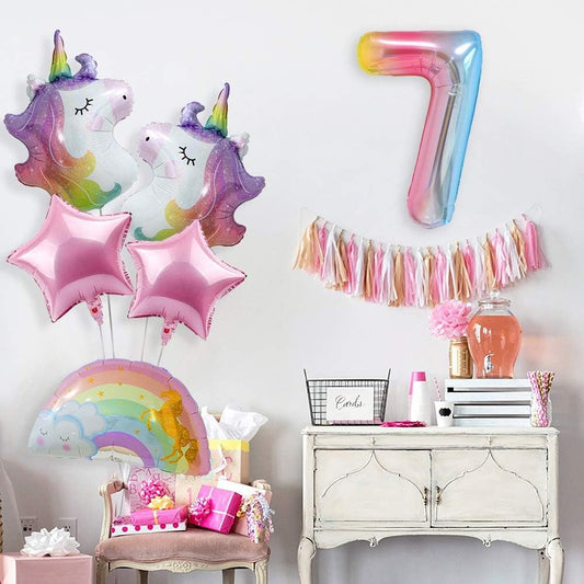 Balon din Folie Metalizata Gradient, Figurina Cifra, Tema Aniversare 100 cm, Ambalaj Individual, Pai inclus, Umflare cu Aer sau Heliu, Multicolor, Cifra 7