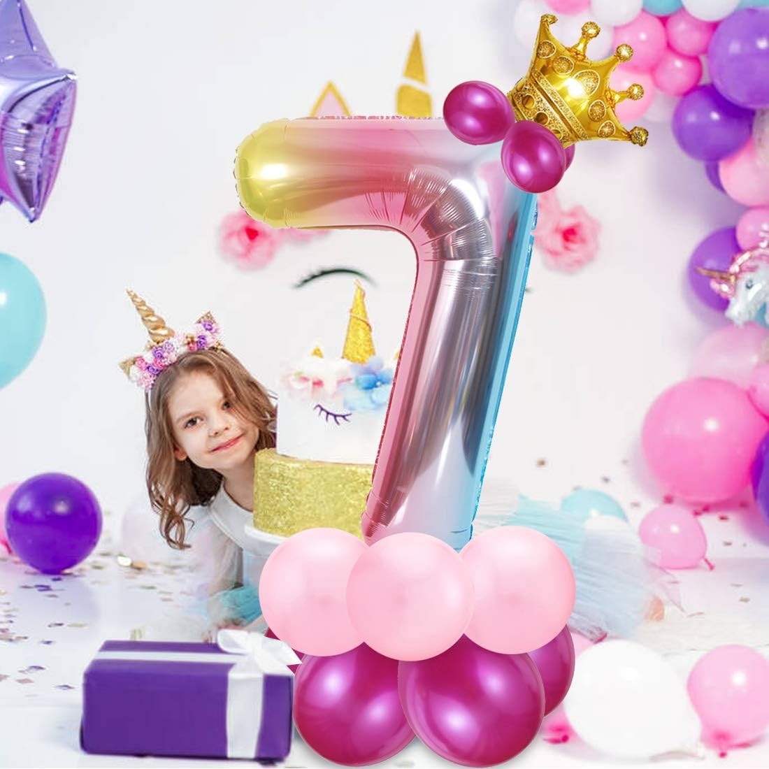 Balon din Folie Metalizata Gradient, Figurina Cifra, Tema Aniversare 100 cm, Ambalaj Individual, Pai inclus, Umflare cu Aer sau Heliu, Multicolor, Cifra 7