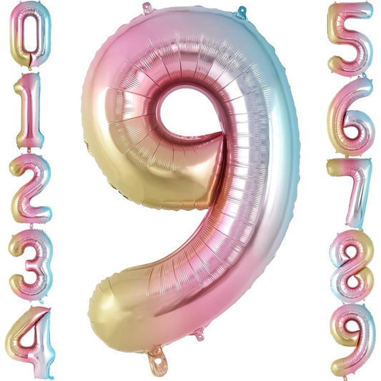 Balon din Folie Metalizata Gradient, Figurina Cifra, Tema Aniversare 100 cm, Ambalaj Individual, Pai inclus, Umflare cu Aer sau Heliu, Multicolor, Cifra 9