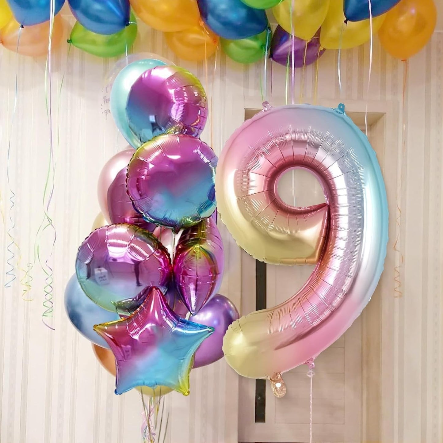 Balon din Folie Metalizata Gradient, Figurina Cifra, Tema Aniversare 100 cm, Ambalaj Individual, Pai inclus, Umflare cu Aer sau Heliu, Multicolor, Cifra 9