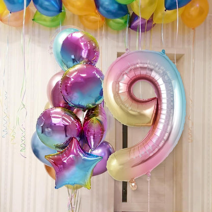 Balon din Folie Metalizata Gradient, Figurina Cifra, Tema Aniversare 100 cm, Ambalaj Individual, Pai inclus, Umflare cu Aer sau Heliu, Multicolor, Cifra 9