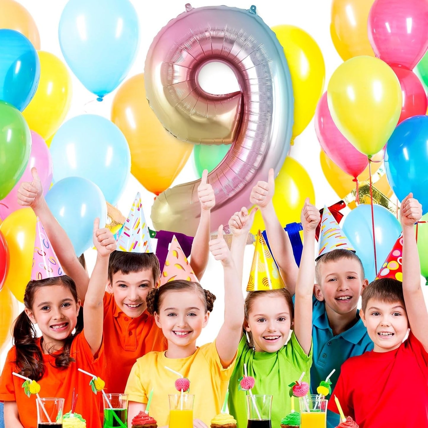 Balon din Folie Metalizata Gradient, Figurina Cifra, Tema Aniversare 100 cm, Ambalaj Individual, Pai inclus, Umflare cu Aer sau Heliu, Multicolor, Cifra 9