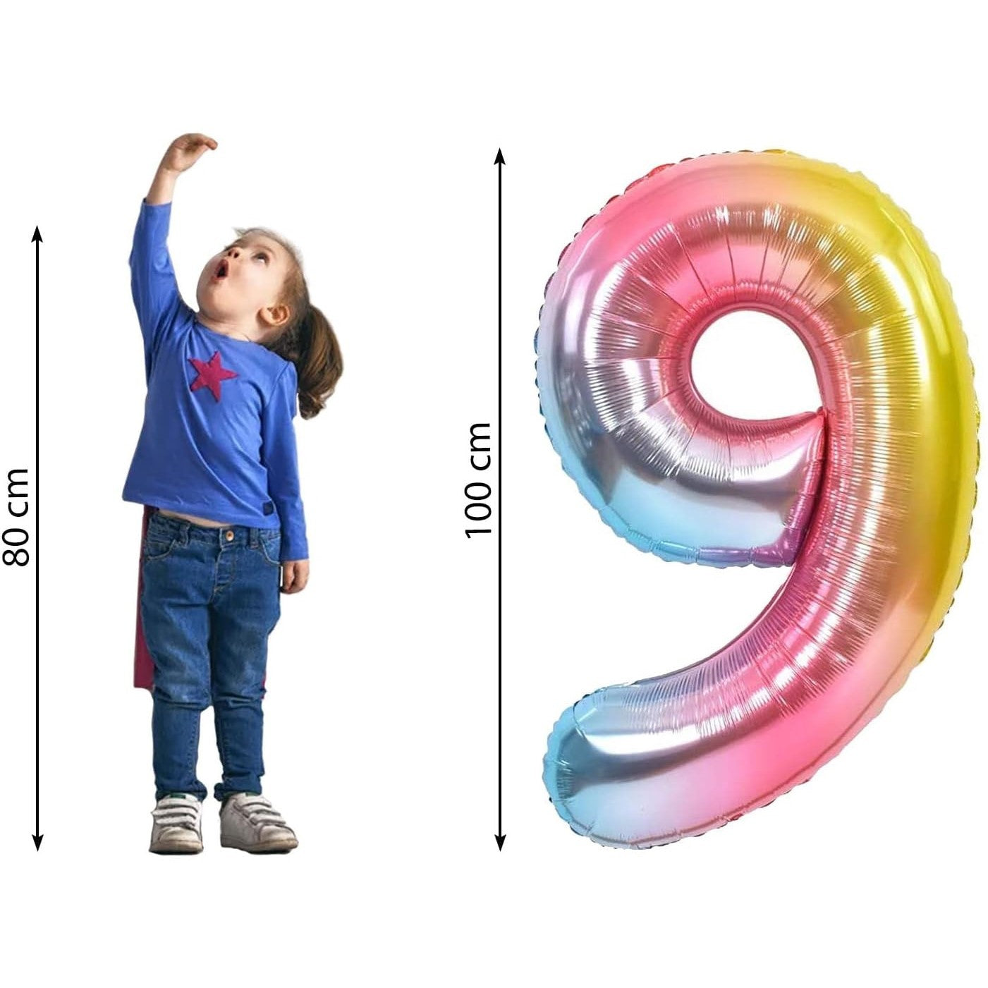 Balon din Folie Metalizata Gradient, Figurina Cifra, Tema Aniversare 100 cm, Ambalaj Individual, Pai inclus, Umflare cu Aer sau Heliu, Multicolor, Cifra 9