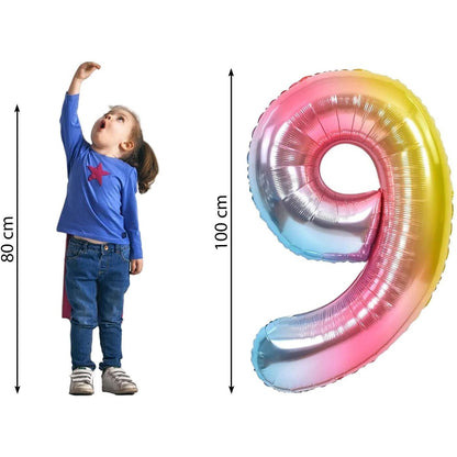 Balon din Folie Metalizata Gradient, Figurina Cifra, Tema Aniversare 100 cm, Ambalaj Individual, Pai inclus, Umflare cu Aer sau Heliu, Multicolor, Cifra 9