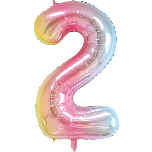 Balon din Folie Metalizata Gradient, Figurina Cifra, Tema Aniversare 100 cm, Ambalaj Individual, Pai inclus, Umflare cu Aer sau Heliu, Multicolor, Cifra 2