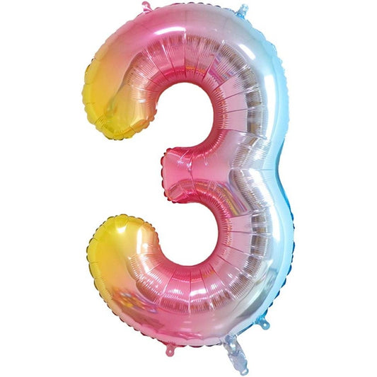 Balon din Folie Metalizata Gradient, Figurina Cifra, Tema Aniversare 100 cm, Ambalaj Individual, Pai inclus, Umflare cu Aer sau Heliu, Multicolor, Cifra 3