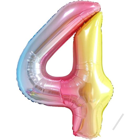 Balon din Folie Metalizata Gradient, Figurina Cifra, Tema Aniversare 100 cm, Ambalaj Individual, Pai inclus, Umflare cu Aer sau Heliu, Multicolor, Cifra 4