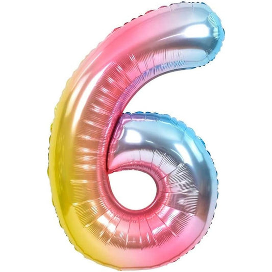 Balon din Folie Metalizata Gradient, Figurina Cifra, Tema Aniversare 100 cm, Ambalaj Individual, Pai inclus, Umflare cu Aer sau Heliu, Multicolor, Cifra 6