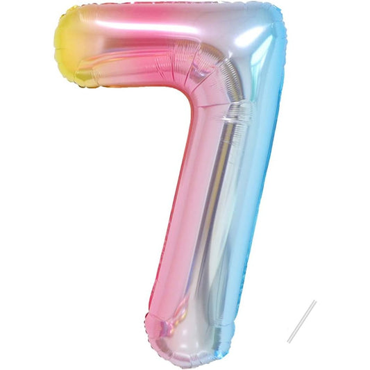 Balon din Folie Metalizata Gradient, Figurina Cifra, Tema Aniversare 100 cm, Ambalaj Individual, Pai inclus, Umflare cu Aer sau Heliu, Multicolor, Cifra 7