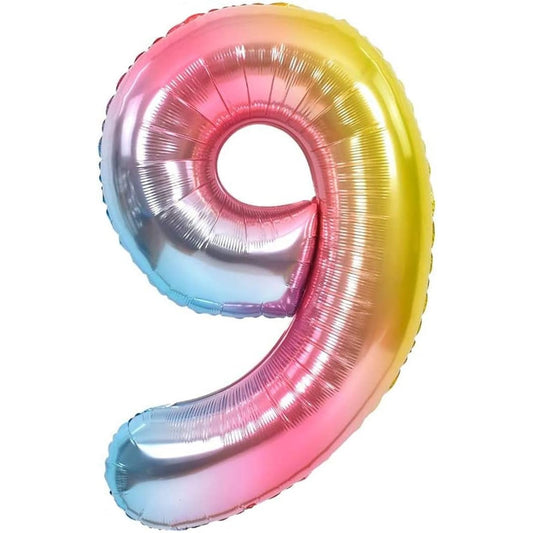 Balon din Folie Metalizata Gradient, Figurina Cifra, Tema Aniversare 100 cm, Ambalaj Individual, Pai inclus, Umflare cu Aer sau Heliu, Multicolor, Cifra 9