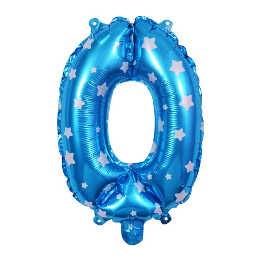 Balon din Folie Metalizata, Figurina Cifra, Imprimeu Stele, Tema Aniversare 80 cm, Ambalaj Individual, Pai inclus, Umflare cu Aer sau Heliu, Albastru, Cifra 0