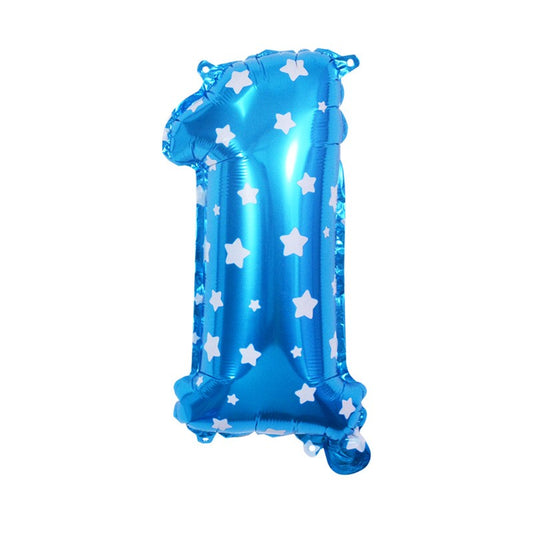 Balon din Folie Metalizata, Figurina Cifra, Imprimeu Stele, Tema Aniversare 80 cm, Ambalaj Individual, Pai inclus, Umflare cu Aer sau Heliu, Albastru, Cifra 1