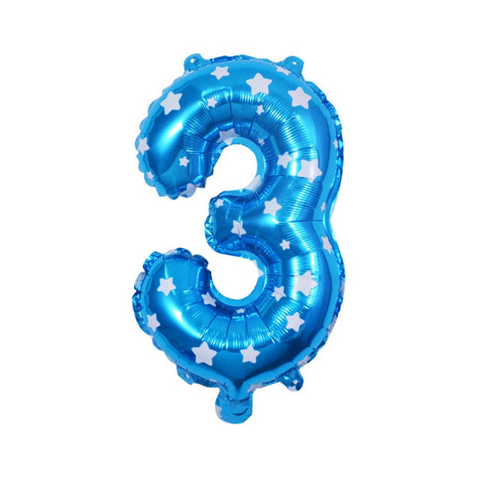Balon din Folie Metalizata, Figurina Cifra, Imprimeu Stele, Tema Aniversare 80 cm, Ambalaj Individual, Pai inclus, Umflare cu Aer sau Heliu, Albastru, Cifra 3