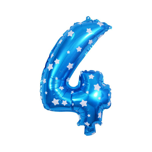 Balon din Folie Metalizata, Figurina Cifra, Imprimeu Stele, Tema Aniversare 80 cm, Ambalaj Individual, Pai inclus, Umflare cu Aer sau Heliu, Albastru, Cifra 4