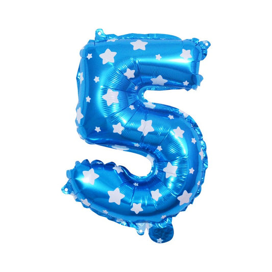 Balon din Folie Metalizata, Figurina Cifra, Imprimeu Stele, Tema Aniversare 80 cm, Ambalaj Individual, Pai inclus, Umflare cu Aer sau Heliu, Albastru, Cifra 5