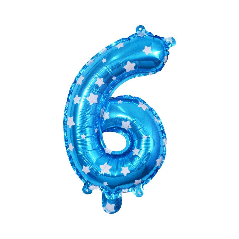 Balon din Folie Metalizata, Figurina Cifra, Imprimeu Stele, Tema Aniversare 80 cm, Ambalaj Individual, Pai inclus, Umflare cu Aer sau Heliu, Albastru, Cifra 6