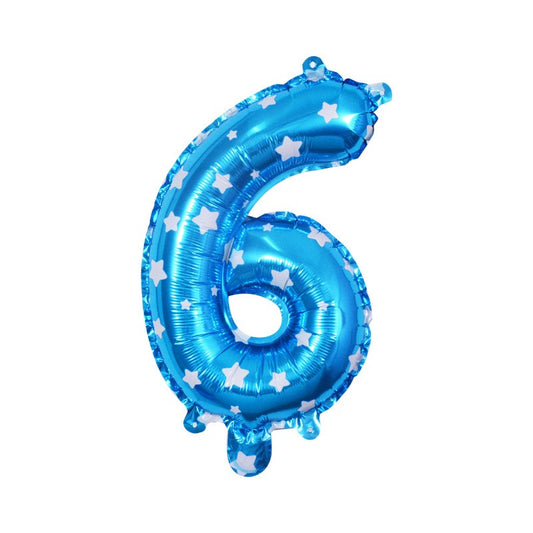 Balon din Folie Metalizata, Figurina Cifra, Imprimeu Stele, Tema Aniversare 80 cm, Ambalaj Individual, Pai inclus, Umflare cu Aer sau Heliu, Albastru, Cifra 6