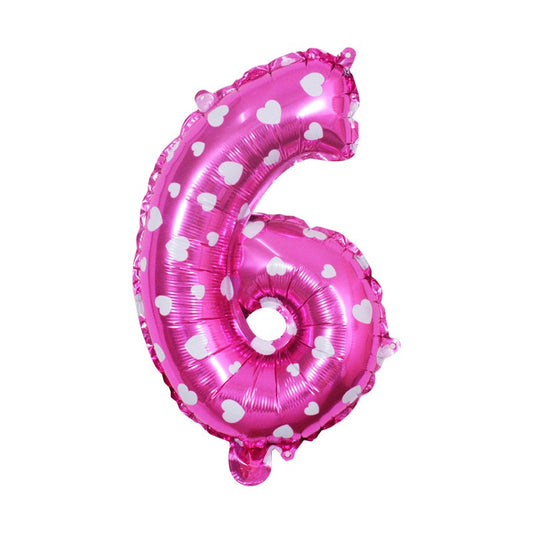 Balon din Folie Metalizata, Figurina Cifra, Imprimeu Inimi, Tema Aniversare 80 cm, Ambalaj Individual, Pai inclus, Umflare cu Aer sau Heliu, Roz, Cifra 6