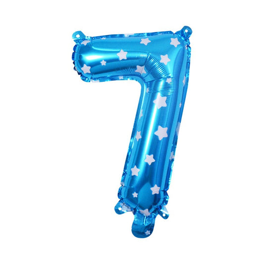 Balon din Folie Metalizata, Figurina Cifra, Imprimeu Stele, Tema Aniversare 80 cm, Ambalaj Individual, Pai inclus, Umflare cu Aer sau Heliu, Albastru, Cifra 7