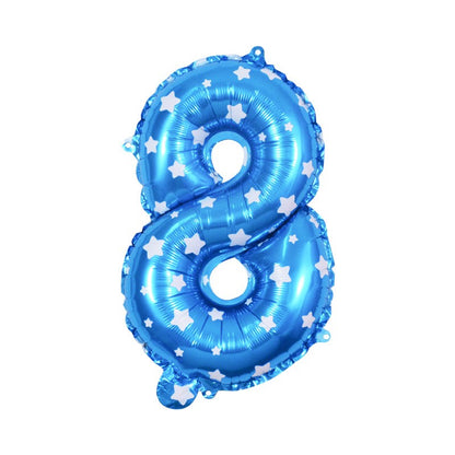 Balon din Folie Metalizata, Figurina Cifra, Imprimeu Stele, Tema Aniversare 80 cm, Ambalaj Individual, Pai inclus, Umflare cu Aer sau Heliu, Albastru, Cifra 8