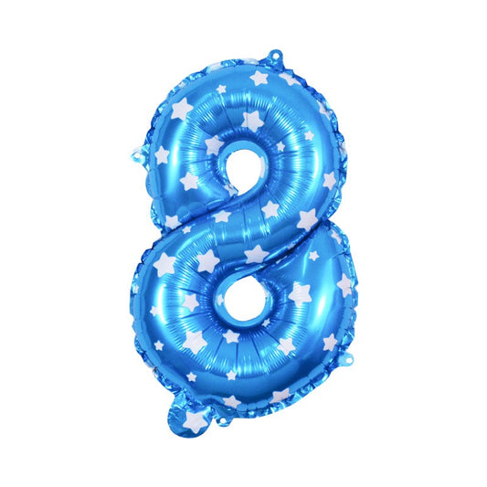 Balon din Folie Metalizata, Figurina Cifra, Imprimeu Stele, Tema Aniversare 80 cm, Ambalaj Individual, Pai inclus, Umflare cu Aer sau Heliu, Albastru, Cifra 8