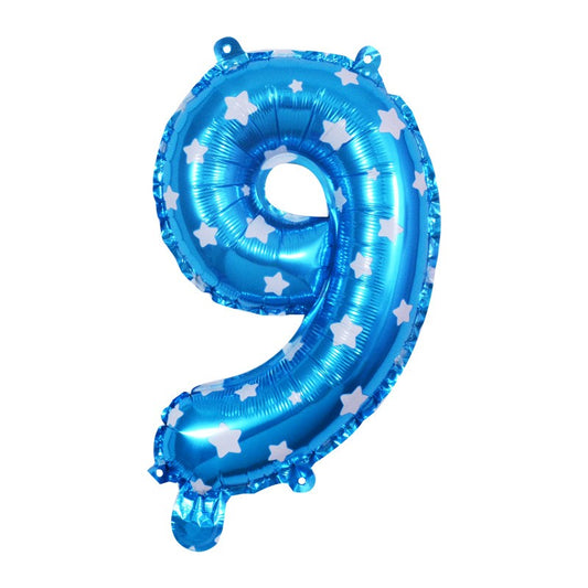 Balon din Folie Metalizata, Figurina Cifra, Imprimeu Stele, Tema Aniversare 80 cm, Ambalaj Individual, Pai inclus, Umflare cu Aer sau Heliu, Albastru, Cifra 9