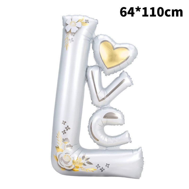 Balon din Folie Metalizata, Figurine, Model LOVE, Tematica Iubire, 110x64 cm, Ambalaj Individual, Pai Inclus, Umflare cu Aer sau Heliu, Alb
