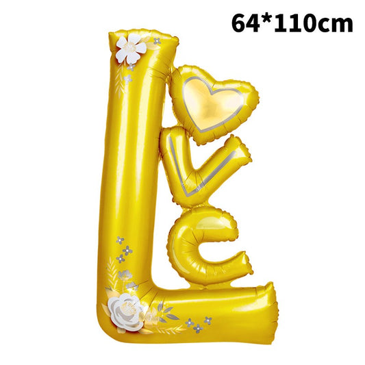 Balon din Folie Metalizata, Figurine, Model LOVE, Tematica Iubire, 110x64 cm, Ambalaj Individual, Pai Inclus, Umflare cu Aer sau Heliu, Galben