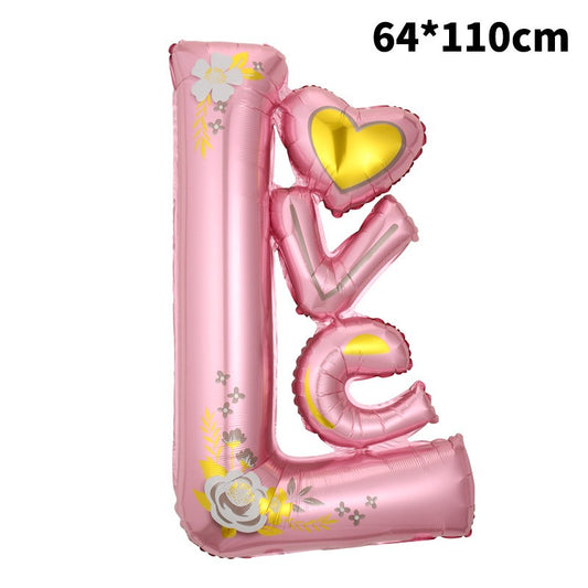 Balon din Folie Metalizata, Figurine, Model LOVE, Tematica Iubire, 110x64 cm, Ambalaj Individual, Pai Inclus, Umflare cu Aer sau Heliu, Roz