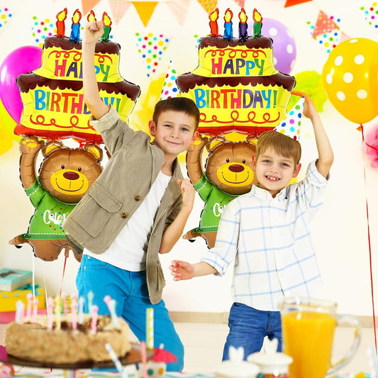 Balon din Folie Metalizata, Figurine Animalute, Model Ursulet cu Tort Aniversar, 124x65 cm, Ambalaj Individual, Pai Inclus, Umflare cu Aer sau Heliu, Multicolor