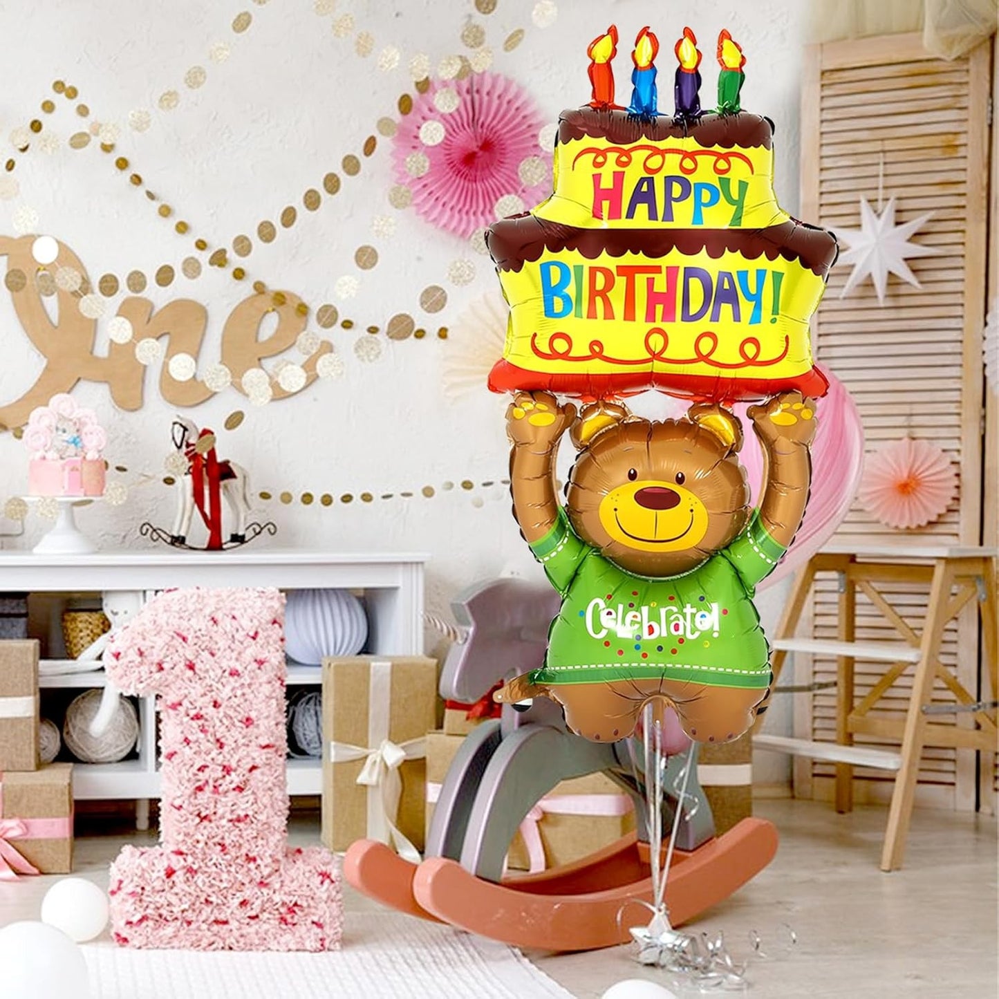 Balon din Folie Metalizata, Figurine Animalute, Model Ursulet cu Tort Aniversar, 124x65 cm, Ambalaj Individual, Pai Inclus, Umflare cu Aer sau Heliu, Multicolor