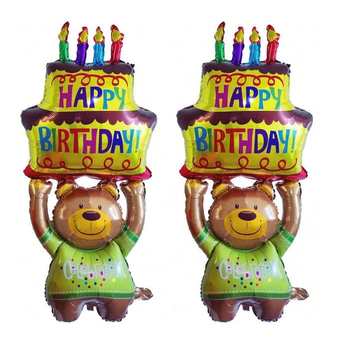Balon din Folie Metalizata, Figurine Animalute, Model Ursulet cu Tort Aniversar, 124x65 cm, Ambalaj Individual, Pai Inclus, Umflare cu Aer sau Heliu, Multicolor