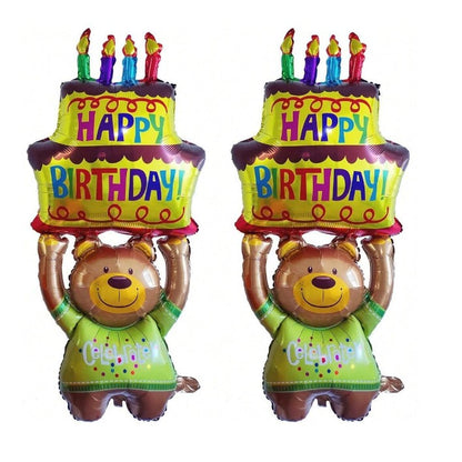 Balon din Folie Metalizata, Figurine Animalute, Model Ursulet cu Tort Aniversar, 124x65 cm, Ambalaj Individual, Pai Inclus, Umflare cu Aer sau Heliu, Multicolor