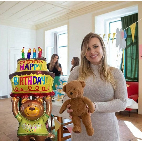 Balon din Folie Metalizata, Figurine Animalute, Model Ursulet cu Tort Aniversar, 124x65 cm, Ambalaj Individual, Pai Inclus, Umflare cu Aer sau Heliu, Multicolor