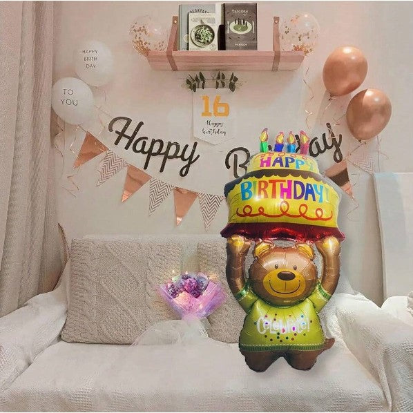 Balon din Folie Metalizata, Figurine Animalute, Model Ursulet cu Tort Aniversar, 124x65 cm, Ambalaj Individual, Pai Inclus, Umflare cu Aer sau Heliu, Multicolor