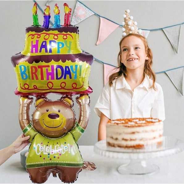 Balon din Folie Metalizata, Figurine Animalute, Model Ursulet cu Tort Aniversar, 124x65 cm, Ambalaj Individual, Pai Inclus, Umflare cu Aer sau Heliu, Multicolor