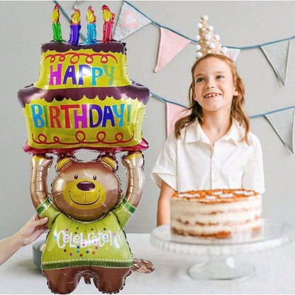 Balon din Folie Metalizata, Figurine Animalute, Model Ursulet cu Tort Aniversar, 124x65 cm, Ambalaj Individual, Pai Inclus, Umflare cu Aer sau Heliu, Multicolor