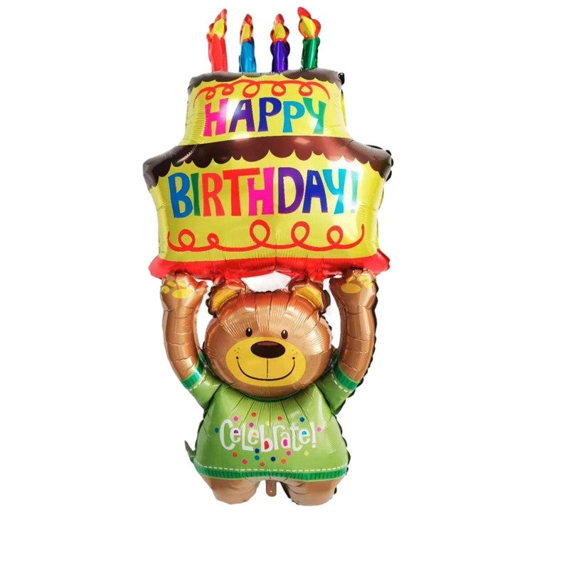 Balon din Folie Metalizata, Figurine Animalute, Model Ursulet cu Tort Aniversar, 124x65 cm, Ambalaj Individual, Pai Inclus, Umflare cu Aer sau Heliu, Multicolor