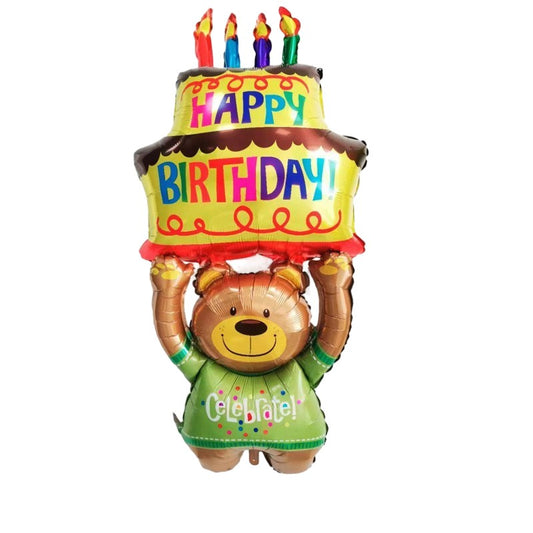 Balon din Folie Metalizata, Figurine Animalute, Model Ursulet cu Tort Aniversar, 124x65 cm, Ambalaj Individual, Pai Inclus, Umflare cu Aer sau Heliu, Multicolor