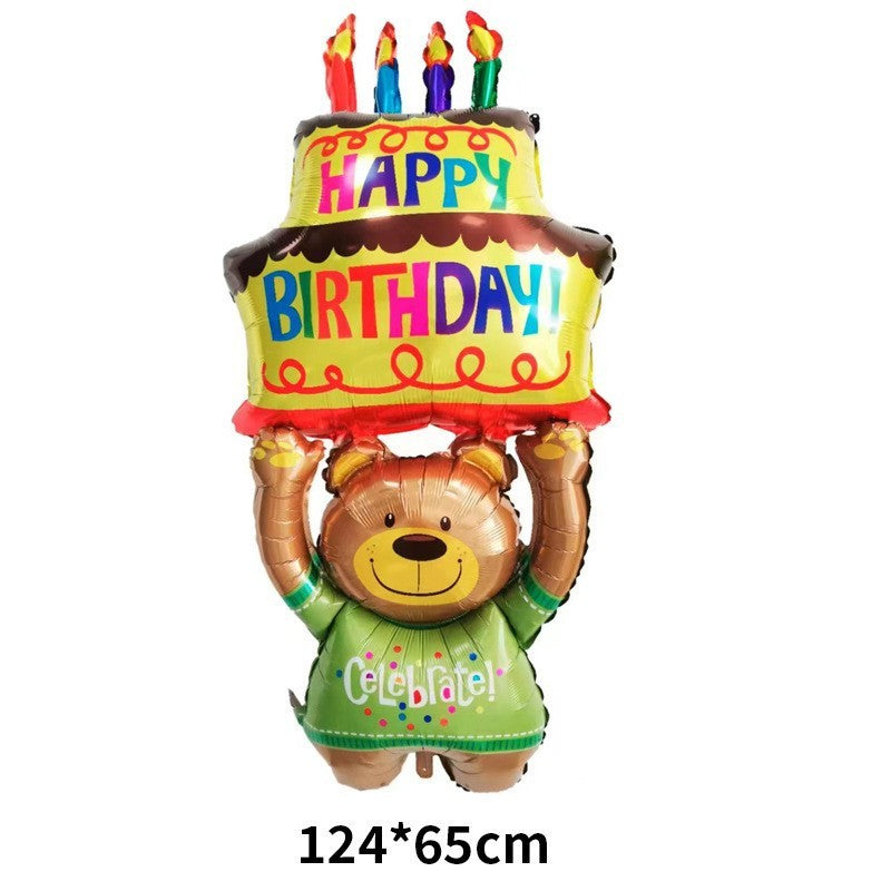 Balon din Folie Metalizata, Figurine Animalute, Model Ursulet cu Tort Aniversar, 124x65 cm, Ambalaj Individual, Pai Inclus, Umflare cu Aer sau Heliu, Multicolor