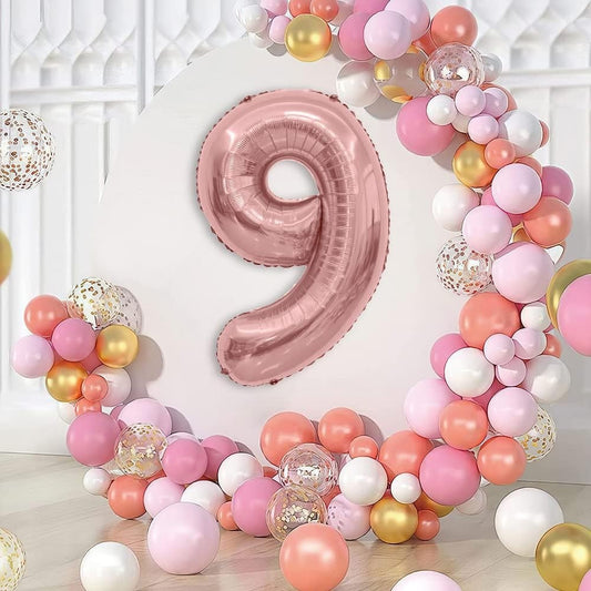 Balon din Folie Metalizata, Figurina Cifra, Tema Aniversare 100 cm, Ambalaj Individual, Pai inclus, Umflare cu Aer sau Heliu, Coral, Rose Gold, Cifra 9