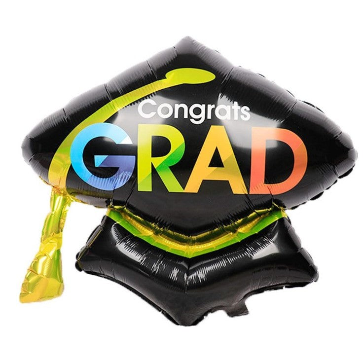 Balon din Folie Metalizata, Figurina, Model Toca Congrats Grad, Tematica Absolvire, 66x66 cm, Ambalaj Individual, Pai Inclus, Umflare cu Aer sau Heliu, Negru