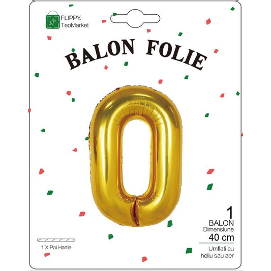 Balon din Folie Metalizata, Figurina Cifra, Tema Aniversare 40 cm, Ambalaj Individual, Pai inclus, Umflare cu Aer sau Heliu, Auriu, Cifra 0